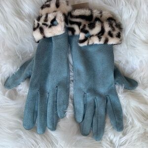 Elegant Blue Women's Gloves with Faux Fur Trim